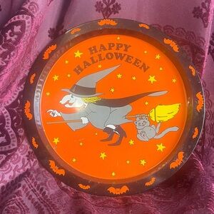 Vintage Metal  Halloween Witch Round Tray Black & Orange